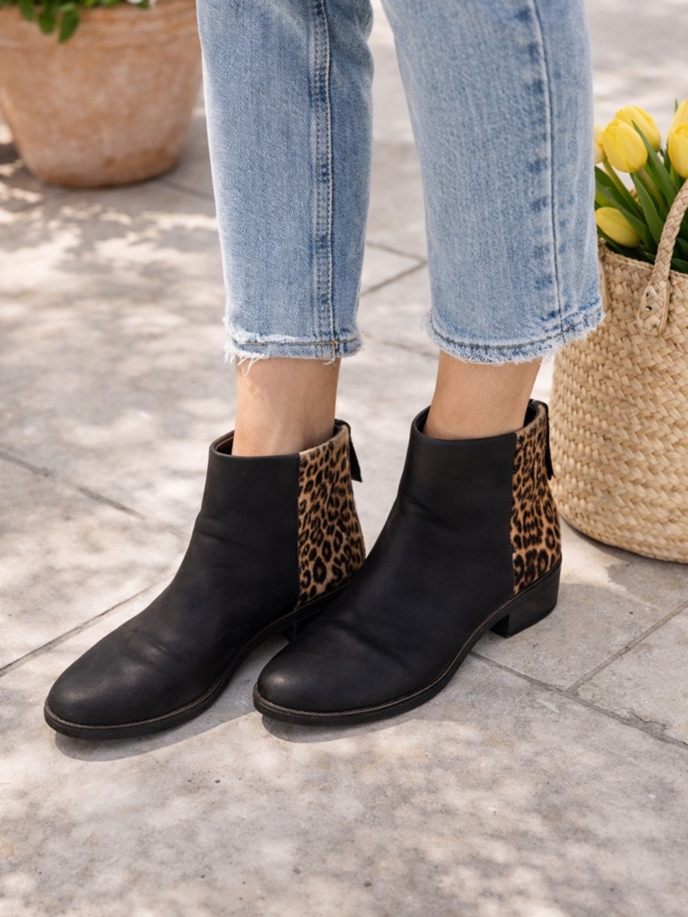 Sperry Calf Hair Leopard & Leather Ankle Boots | Back Zip Black 8.5 Women